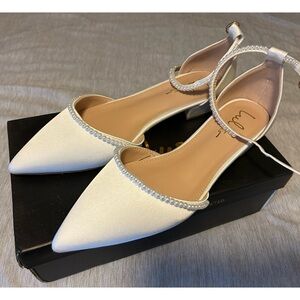 Lulu’s Phoebee White Satin Pearl Pointed-Toe Ankle Strap Flats